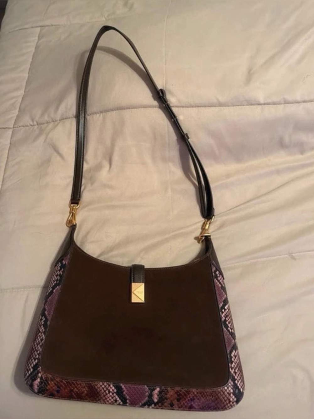 Kate Spade Brown Suede Shoulder Bag with Pink Snake-Print Trim